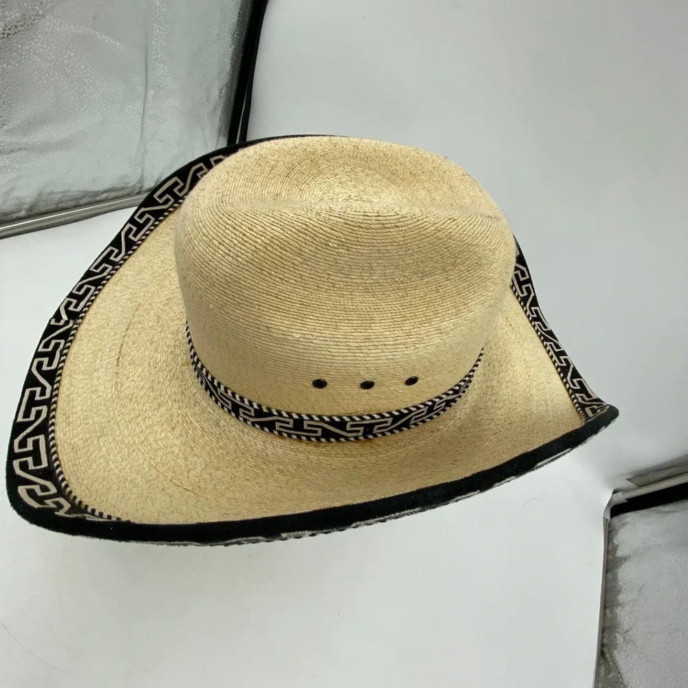 Large Straw Cowboy Hat Beige Black Greek Key Trim Western Rodeo Festival Charro